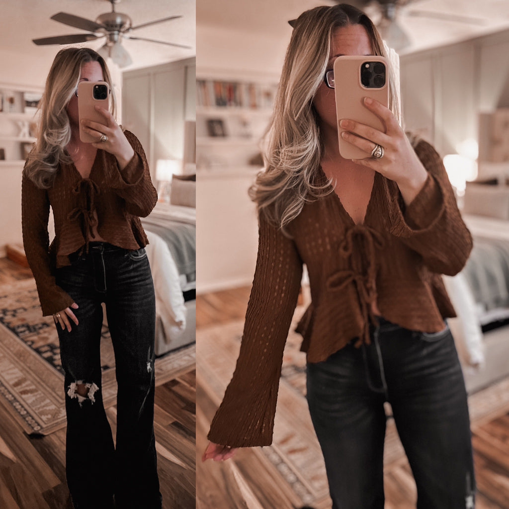 "Chocolate" Cropped Tie Sweater