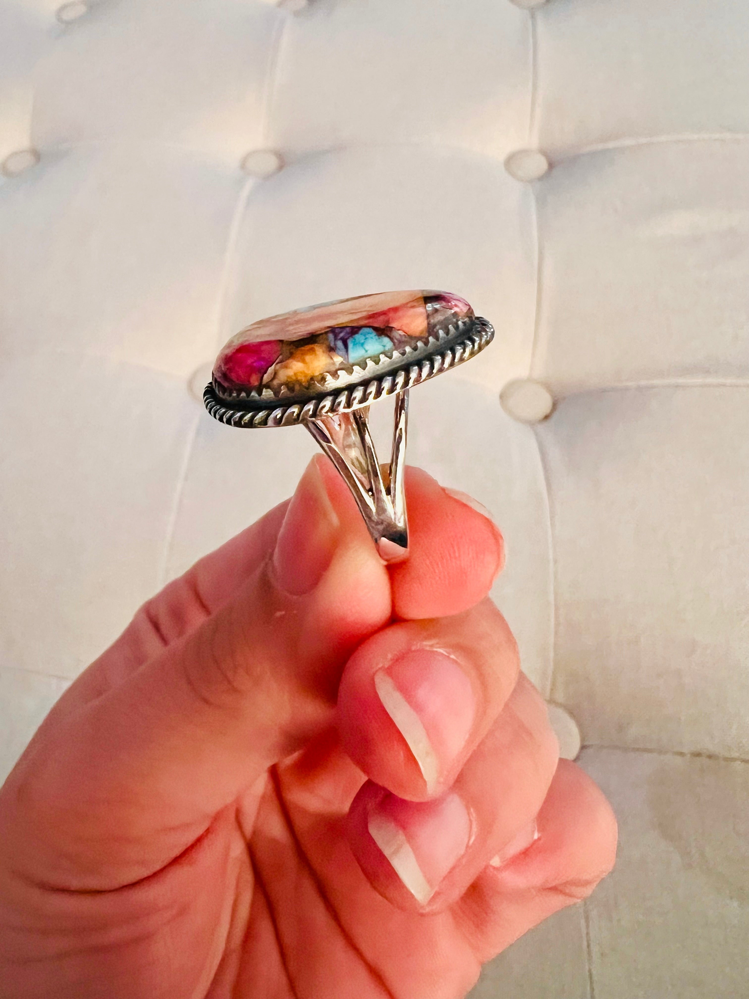 Genuine Turquoise Rainbow Spiny Ring