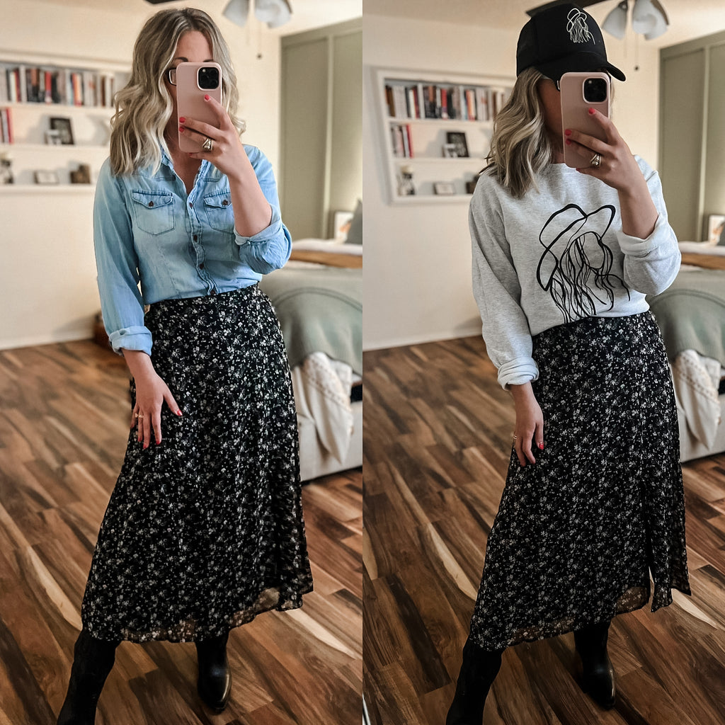 Black Floral Midi Skirt