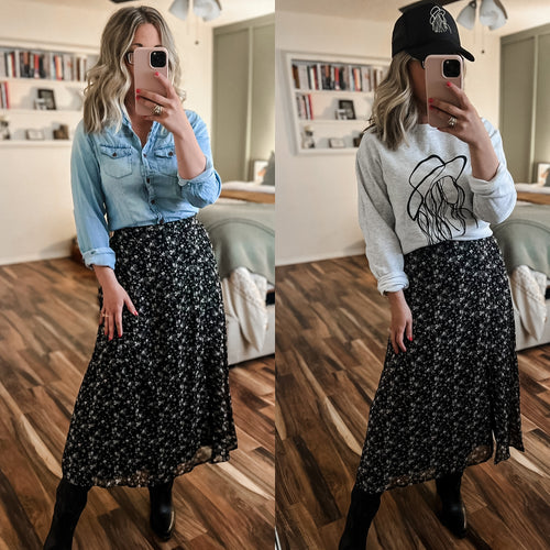 Black Floral Midi Skirt