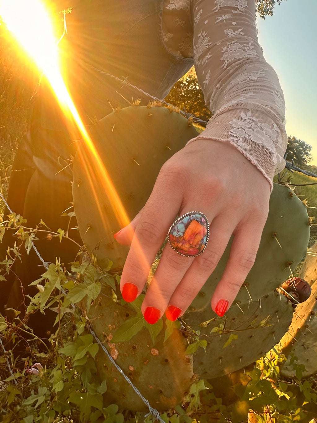 Genuine Turquoise Rainbow Spiny Ring