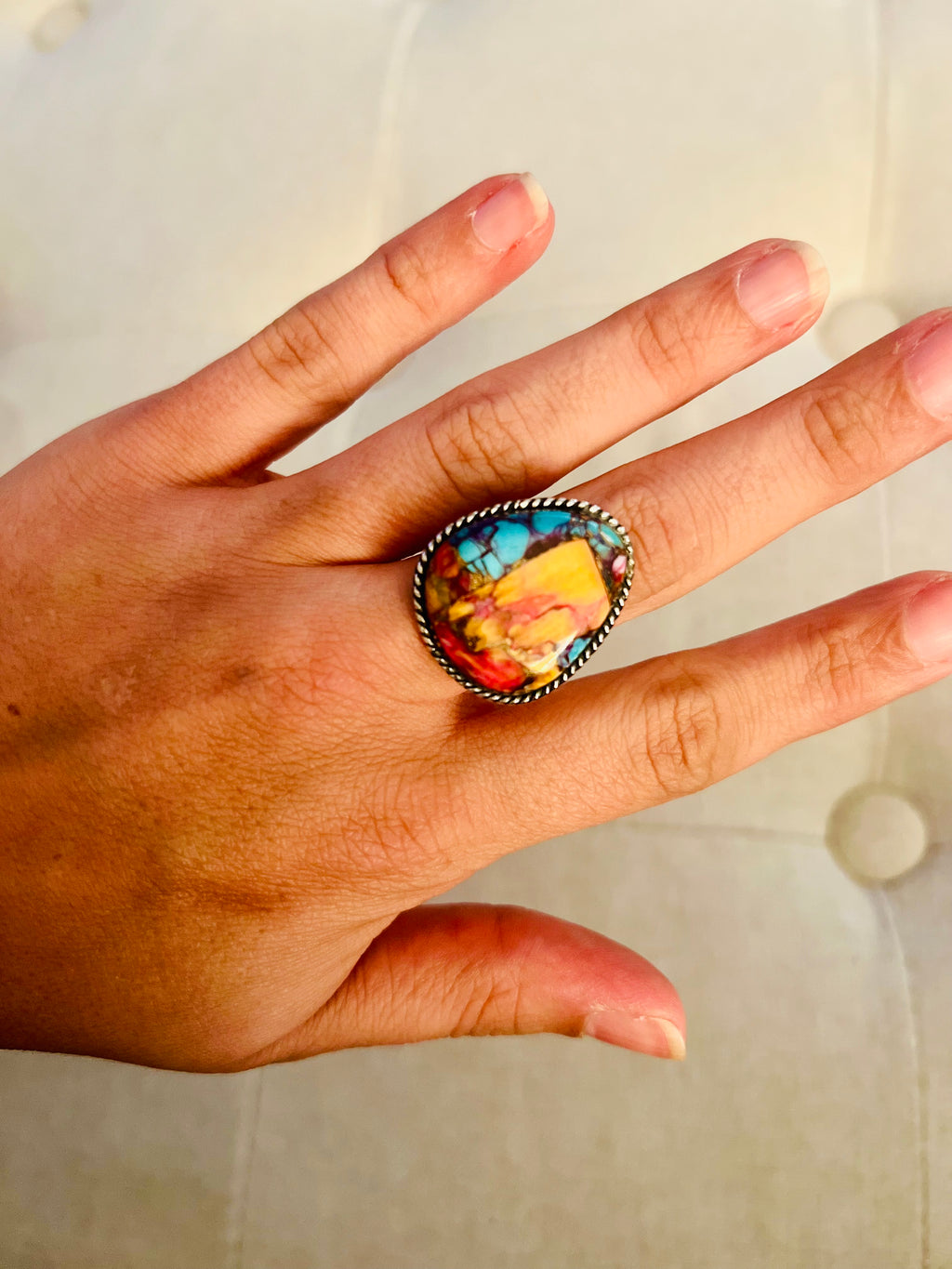 Genuine Turquoise Rainbow Spiny Ring
