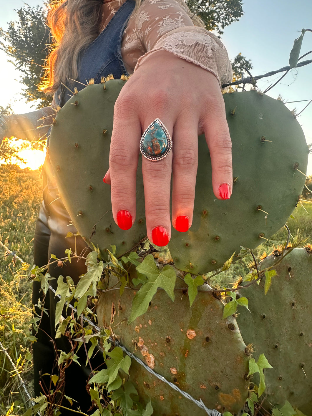 Genuine Turquoise Matrix Pear Ring