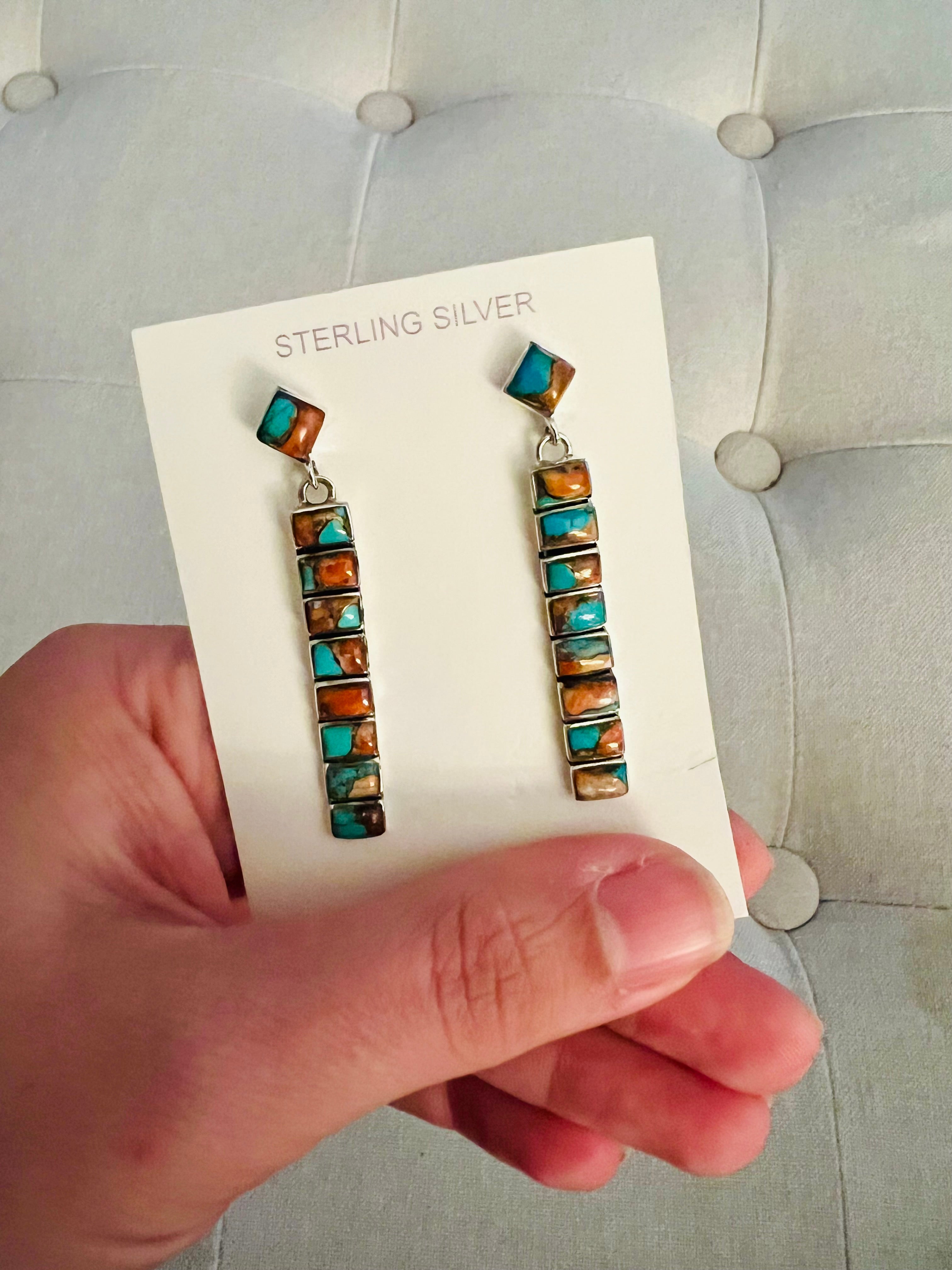 Genuine Turquoise Spiny Oyster Linear Earrings